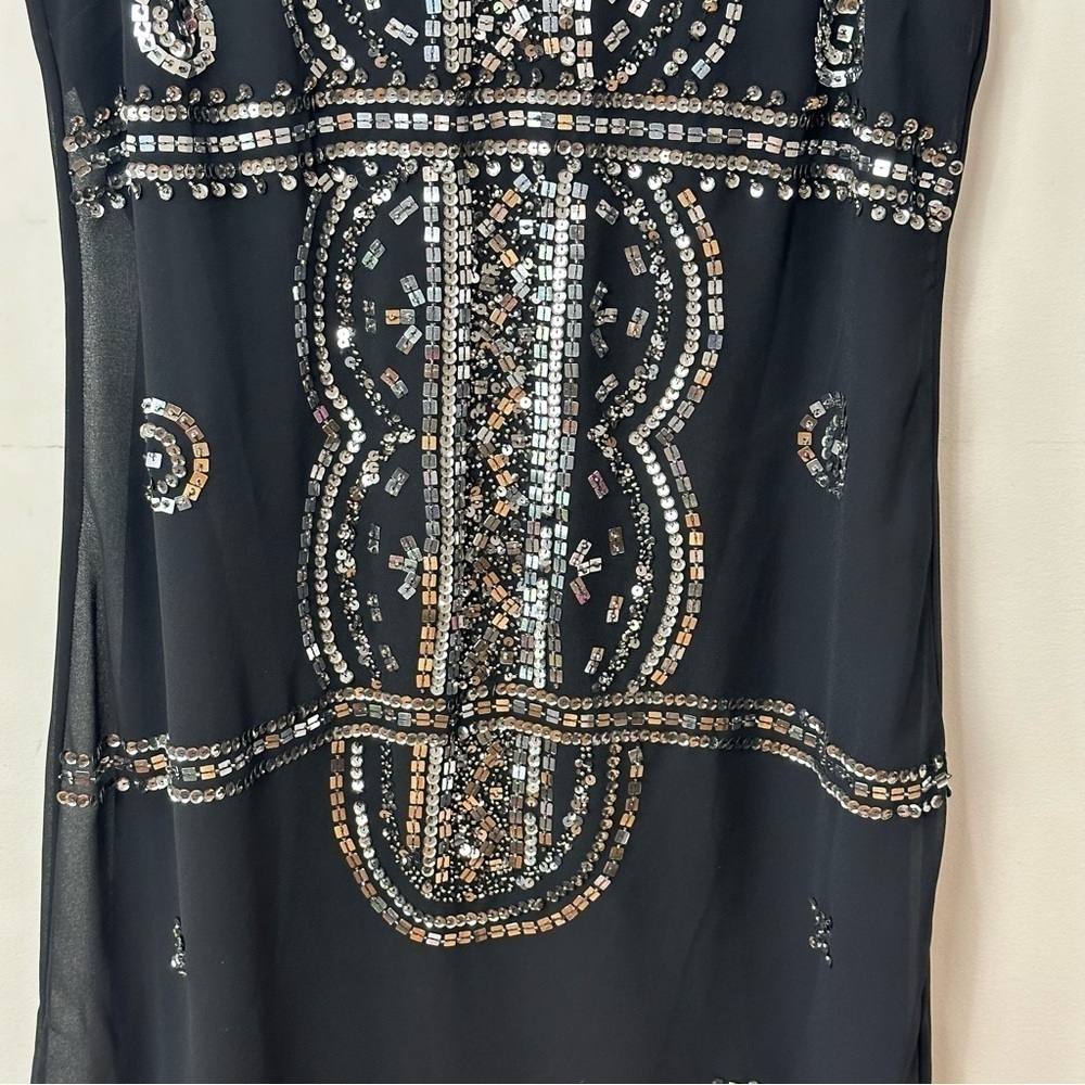 Adrianna Papell Beaded Mosiac Dress Black Silver Sleeveless Cocktail Evening - Picture 5 of 11